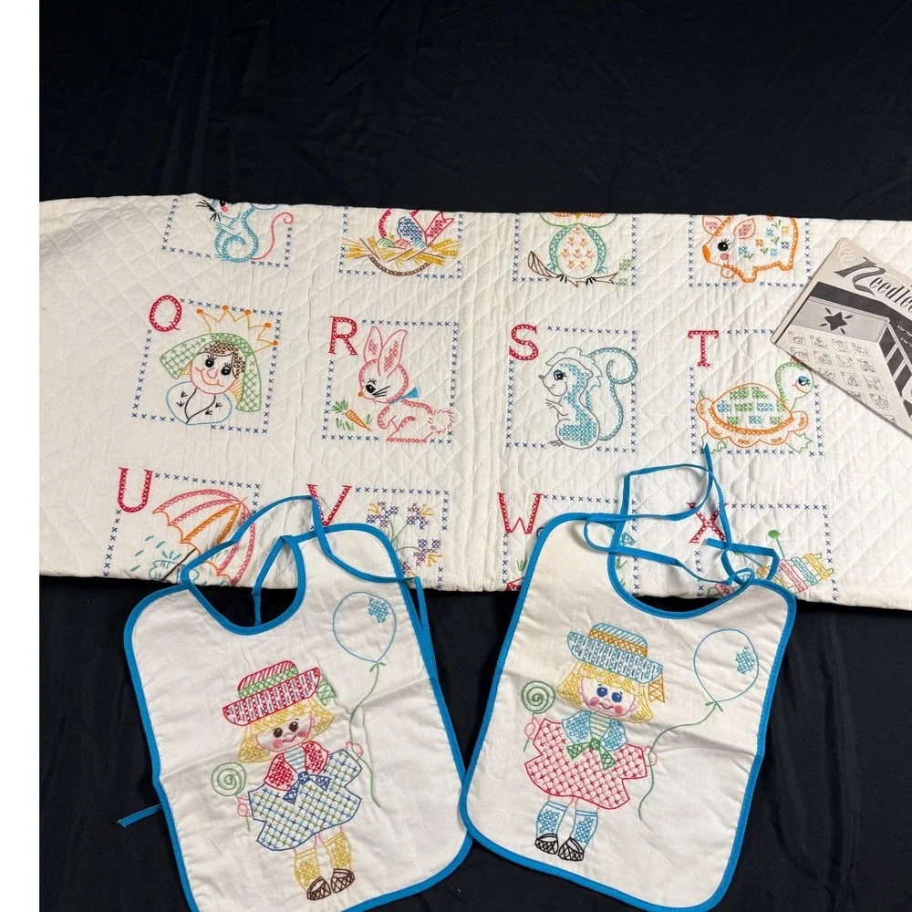Vintage‎ Bucilla Alphabet Quilted Crib Cover and Bibs Set Hand Embroidered 70s
